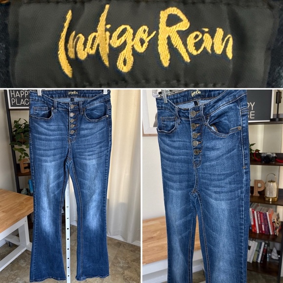 Indigo Rein Juniors' Exposed-Button Flare-Leg Blue Denim Jeans Size 5 - Picture 1 of 9